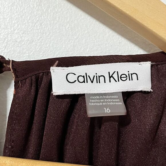 Calvin Klein Printed Round Neck Midi Chiffon Dress Size 16 Syrah Multi Belted - Picture 11 of 14